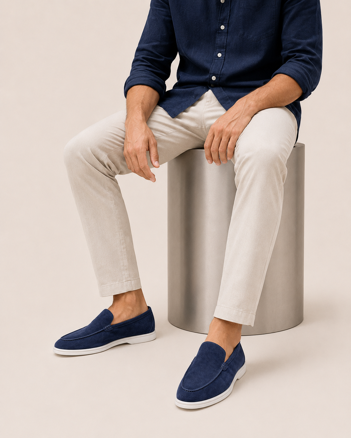 Navy Blue Cowhide Slip-On Loafers