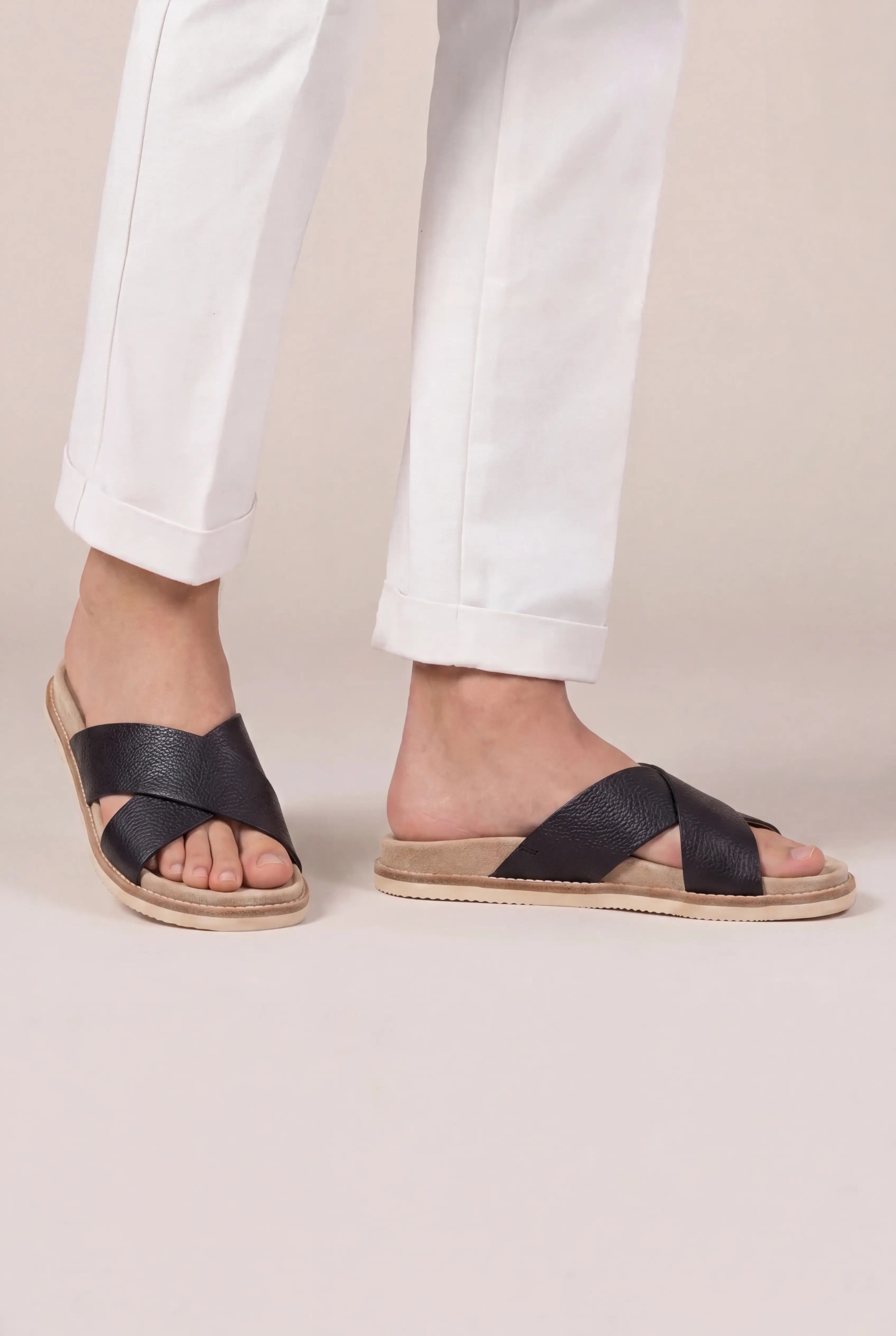 Brescaro Suède Cross-Strap Leather Slide Black