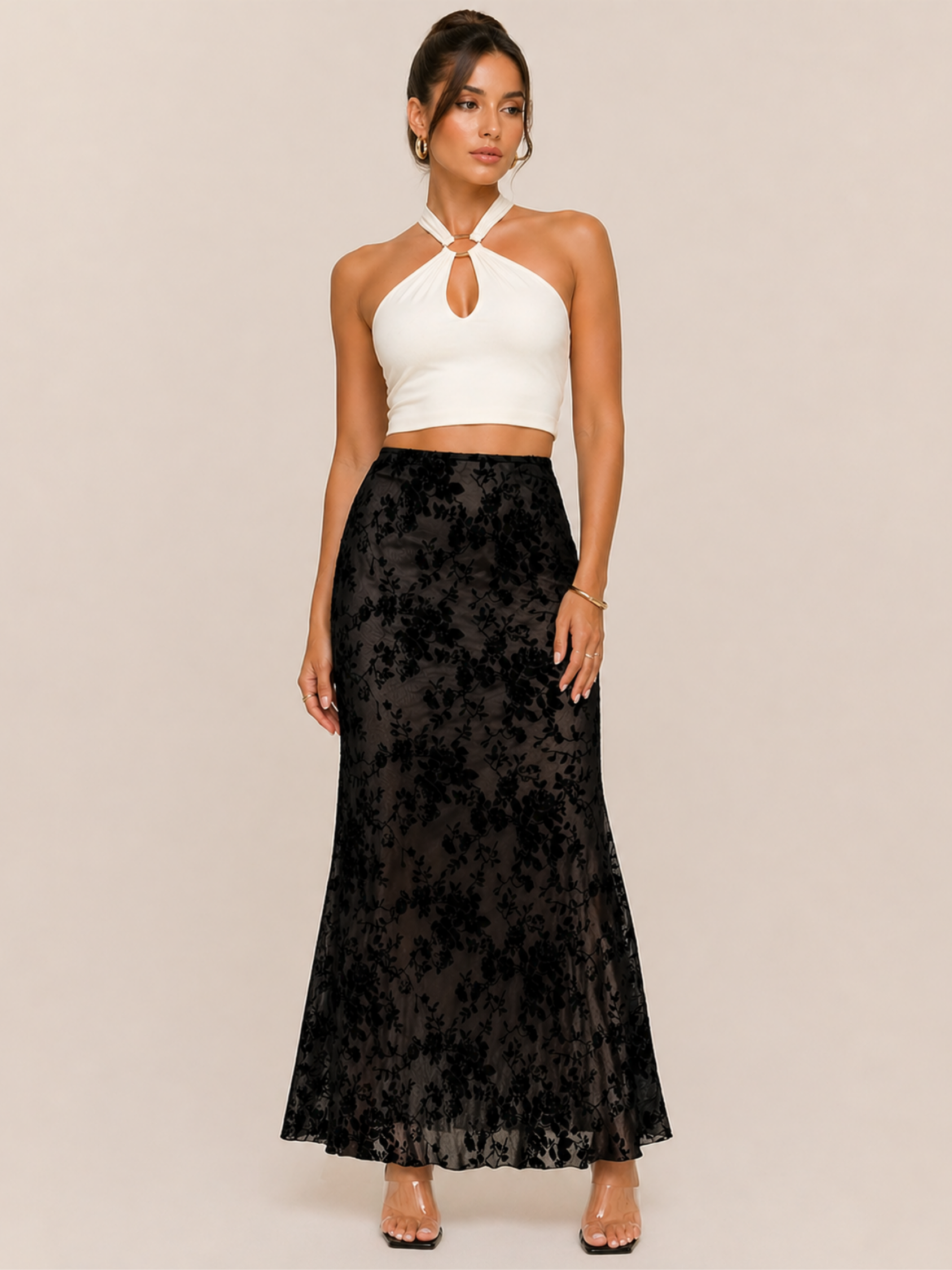 Moreno Noir Velvet Floral Maxi Skirt