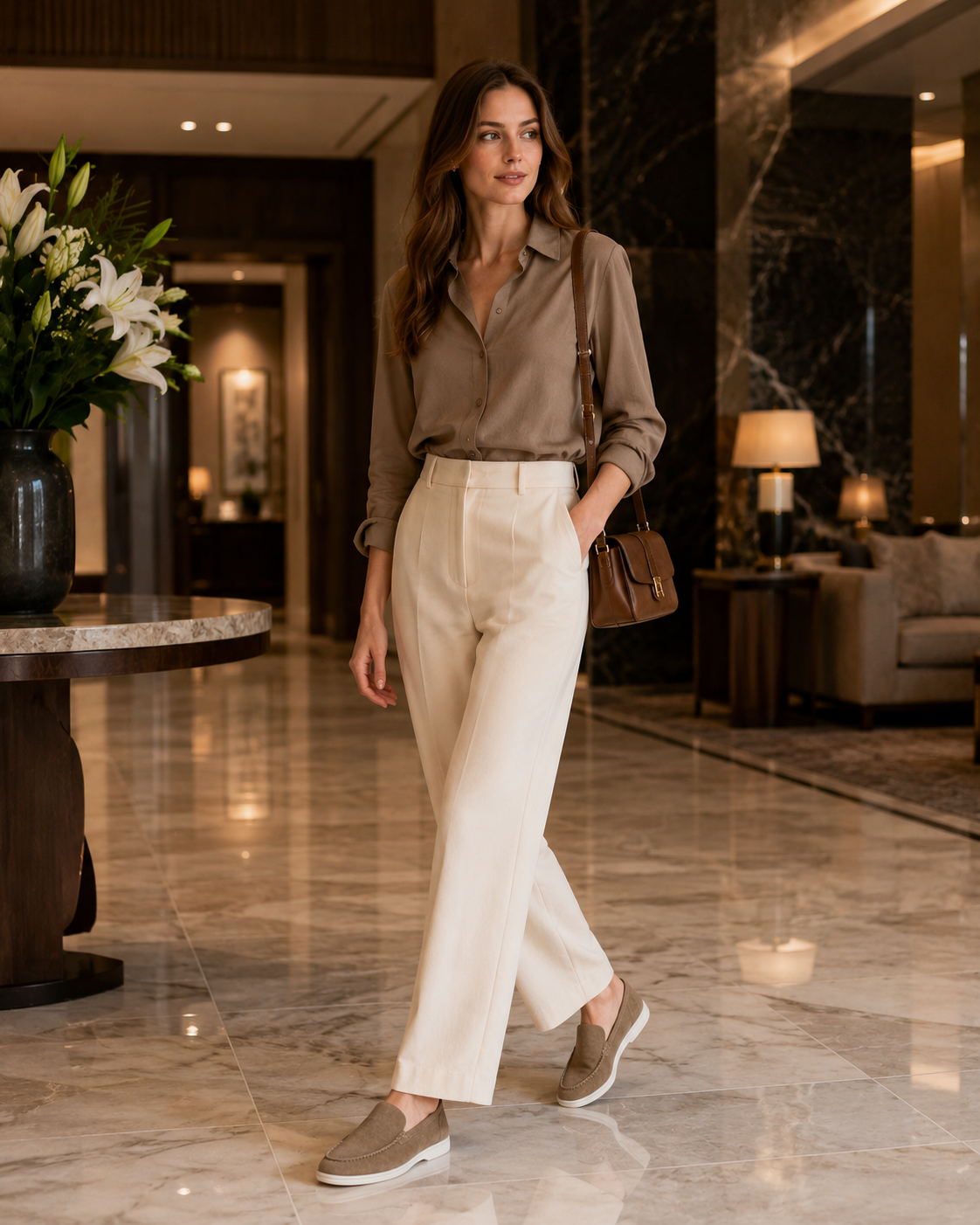 Lady Beige Cowhide Slip-On Loafers
