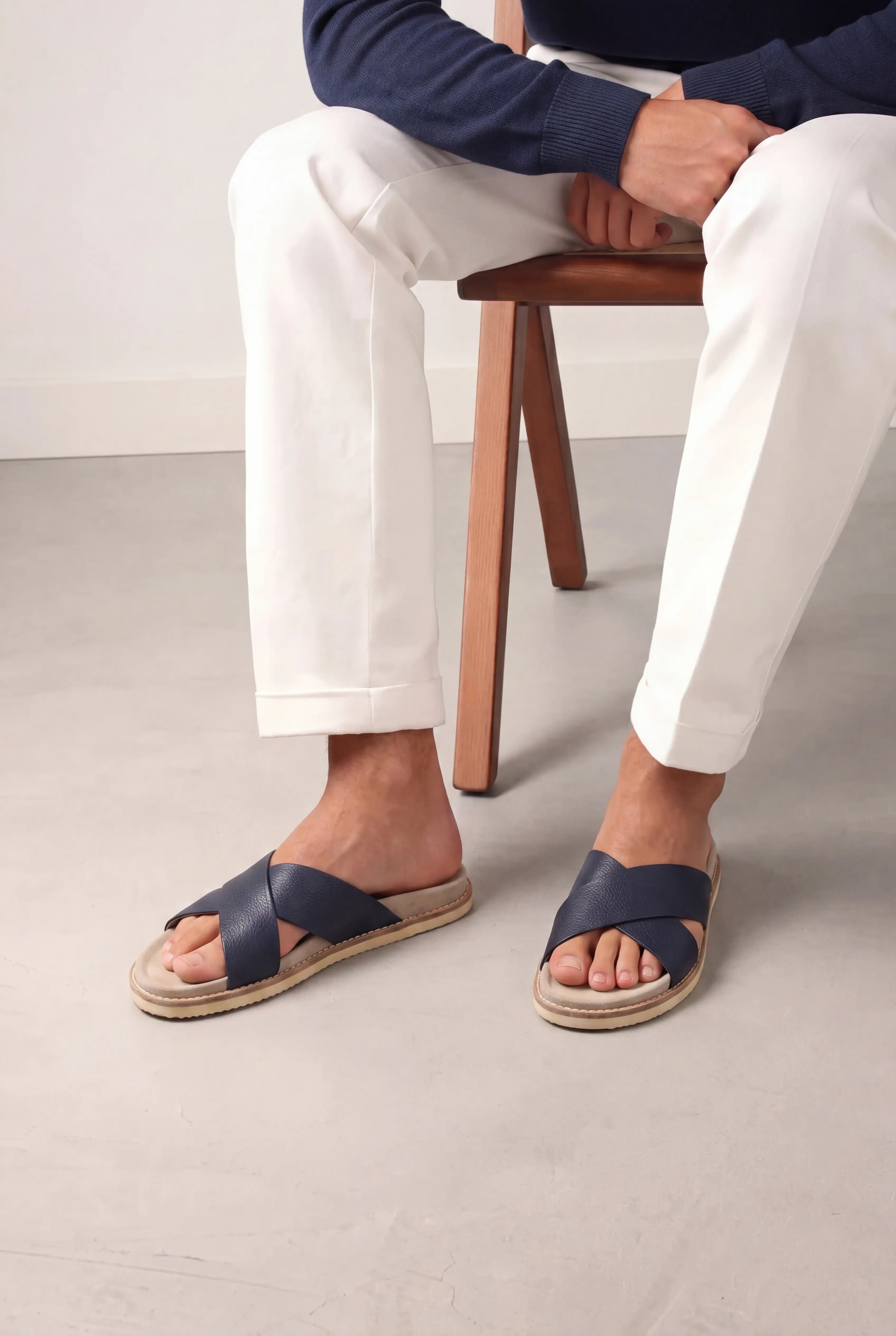 Brescaro Suède Cross-Strap Leather Slide Navy